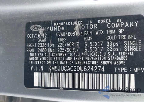 2013 Hyundai Tucson Gls из США, поврежденный, VIN KM8JUCAC3DU624274